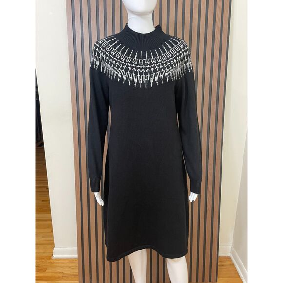 Talbots Women's PM Black Dress Cotton Shift Fair Isle Mock Neck Cozy Comfort - Picture 1 of 9
